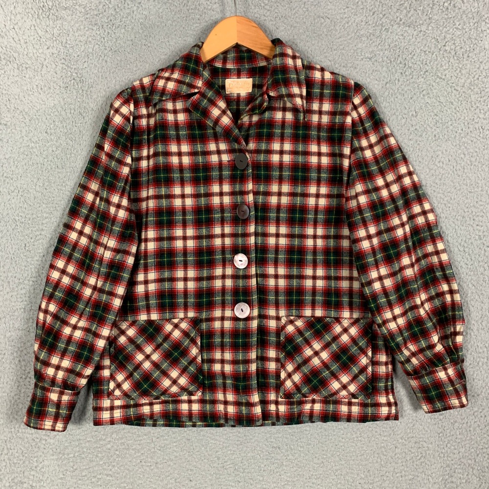 Vintage Pendleton 49er Jacket Women's Large L Red Green Plaid Wool Button Coat - Picture 3 of 7